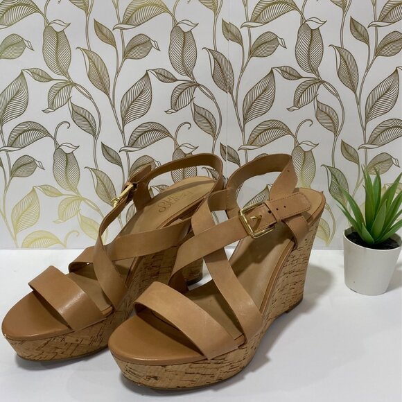 Franco Sarto Wedge Sandals With Straps & Cork Heel - Size 8 - Tan Leather Upper - Picture 1 of 12